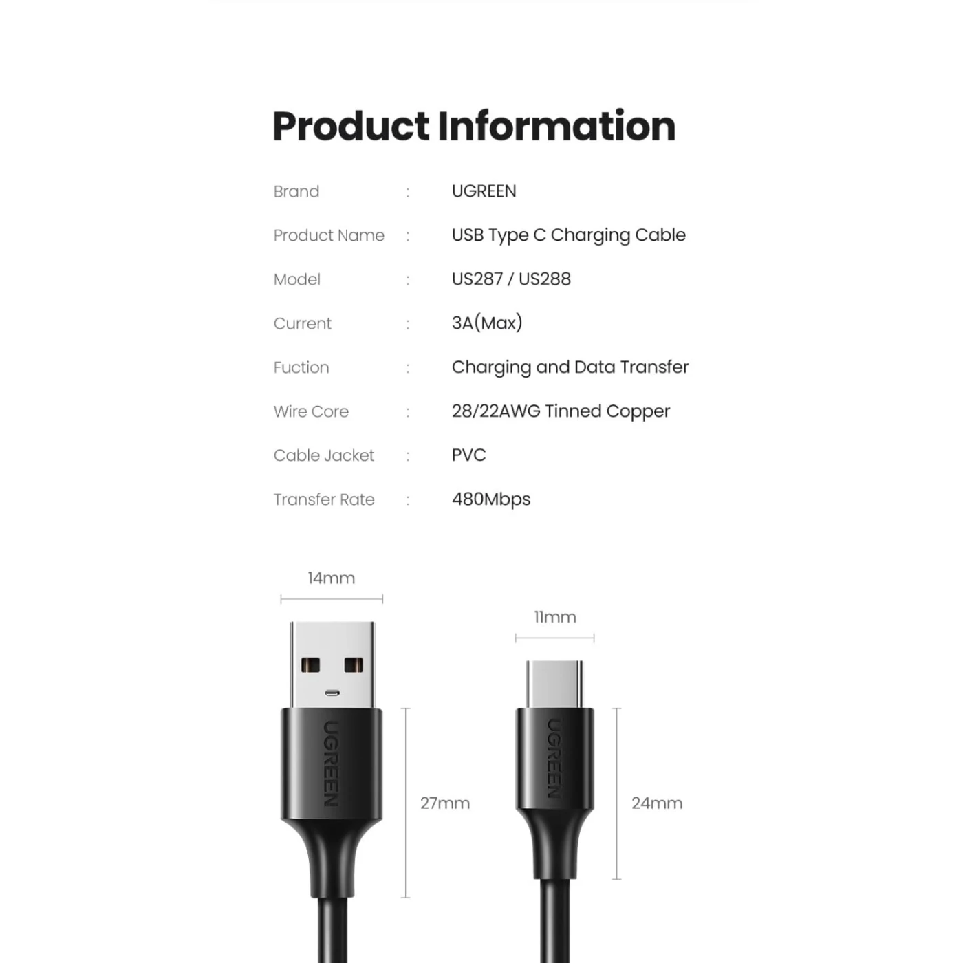 Cable USB-A a USB-C de 1m black – Ugreen