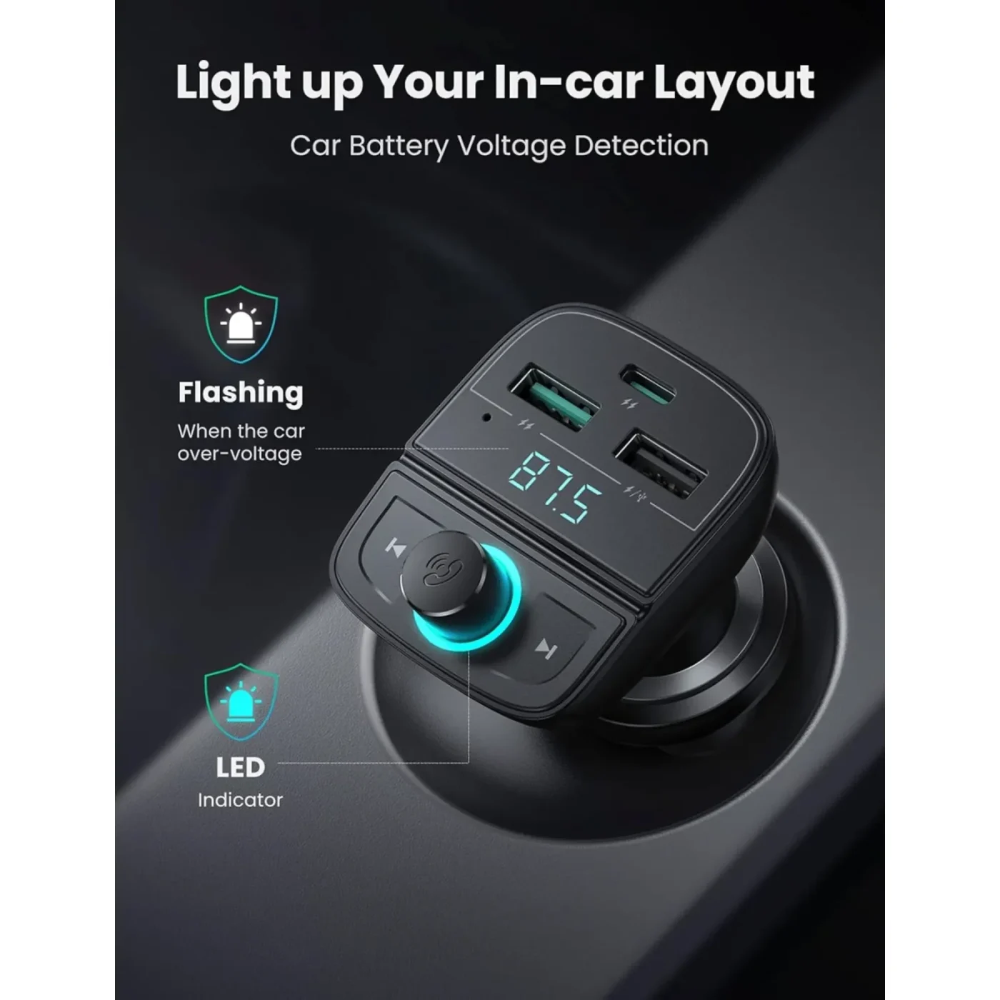 Transmisor Bluetooth por radio FM + carga X2 USB- Tipo C – Ugreen