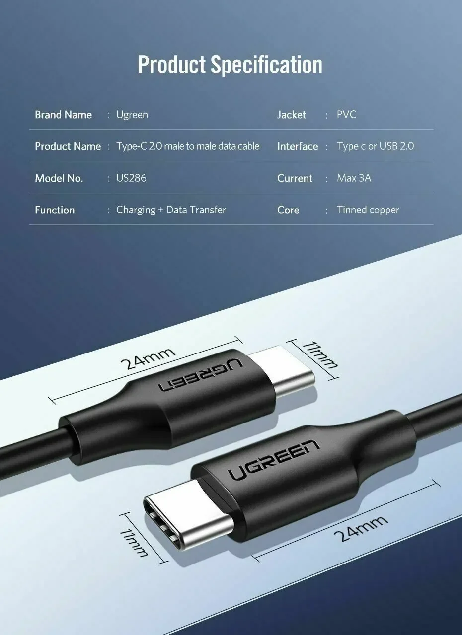 Cable USB C 2.0 Carga Rápida de hasta 60W soporta 3A de 1m – Ugreen